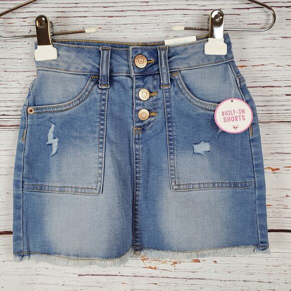 🔴 Justice High Waist Distressed Raw Hem Denim Skort Girl 7 Blue Stretch NWT - Picture 1 of 10